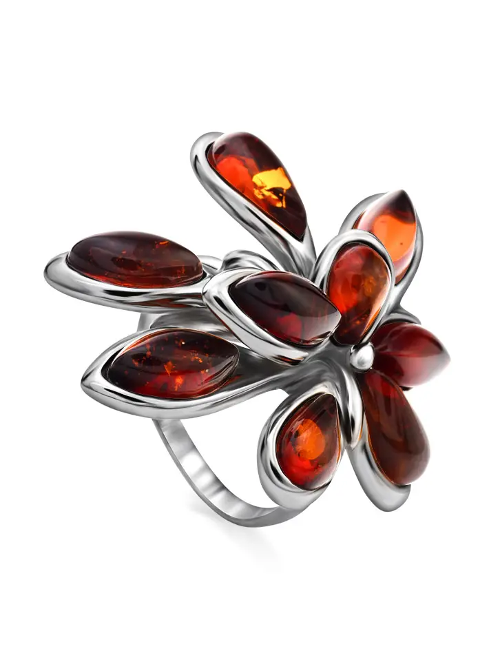 картинка Роскошное кольцо со сверкающим коньячным янтарем «Георгина» в онлайн магазине