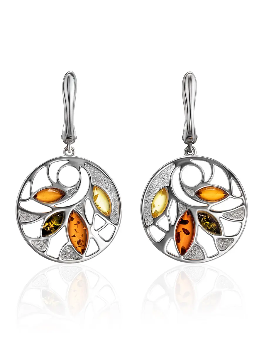 картинка Стильные круглые серьги из серебра и янтаря разных цветов «Древо жизни» в онлайн магазине