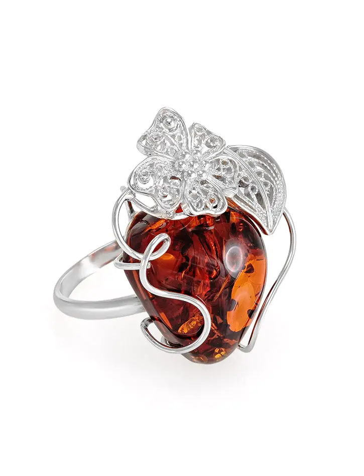 картинка Серебряное кольцо с натуральным янтарем насыщенного коньячного цвета «Филигрань» в онлайн магазине
