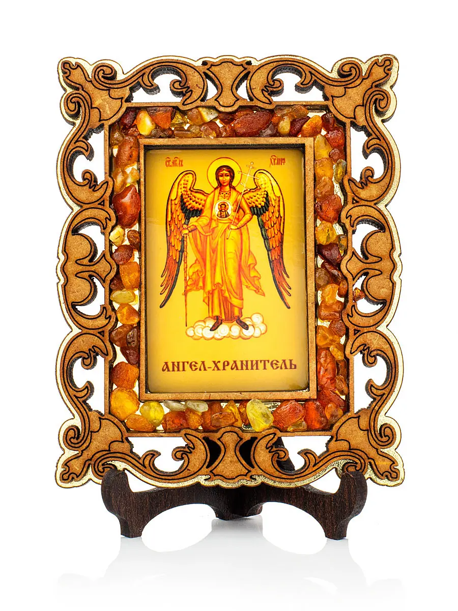 картинка Иконка в резной деревянной оправе с магнитом, украшенная янтарём «Ангел Хранитель» в онлайн магазине