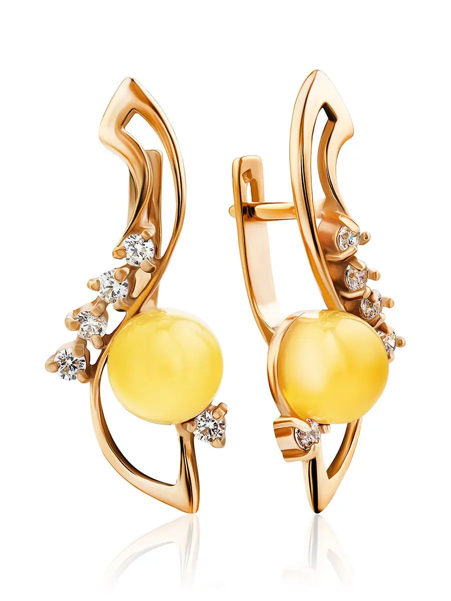 картинка Изящные серьги из золота и янтаря, украшенные цирконитами «Ноктюрн» в онлайн магазине