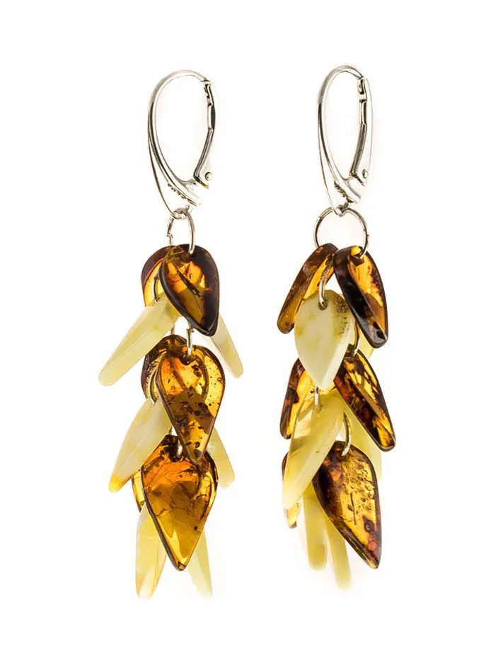 картинка Изящные серьги из янтаря медового и коньячного цветов «Осенние листья» в онлайн магазине