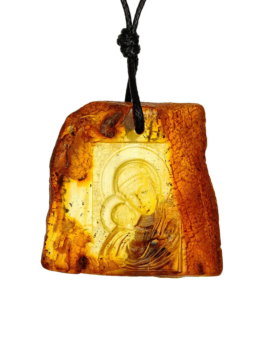 картинка Подвеска из цельного янтаря с резьбой «Игоревская Богоматерь» в онлайн магазине
