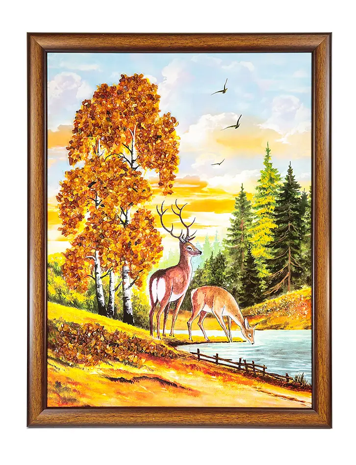 картинка Картина украшенная натуральным балтийским янтарём «Олени на водопое» 44 (В) х 34 (Ш) в онлайн магазине