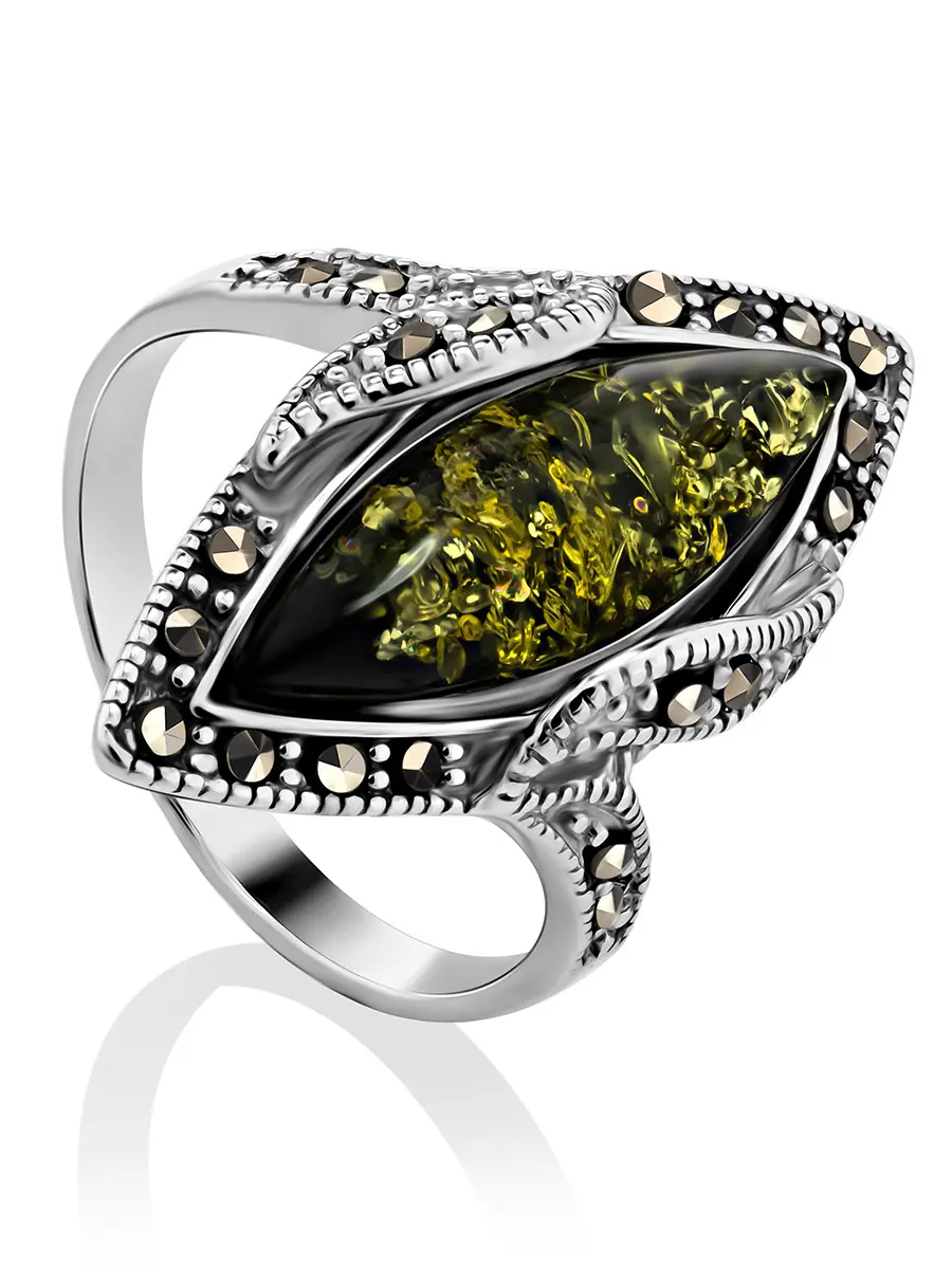 картинка Искрящееся нарядное кольцо «Эйфория» из серебра с марказитами и янтарём в онлайн магазине