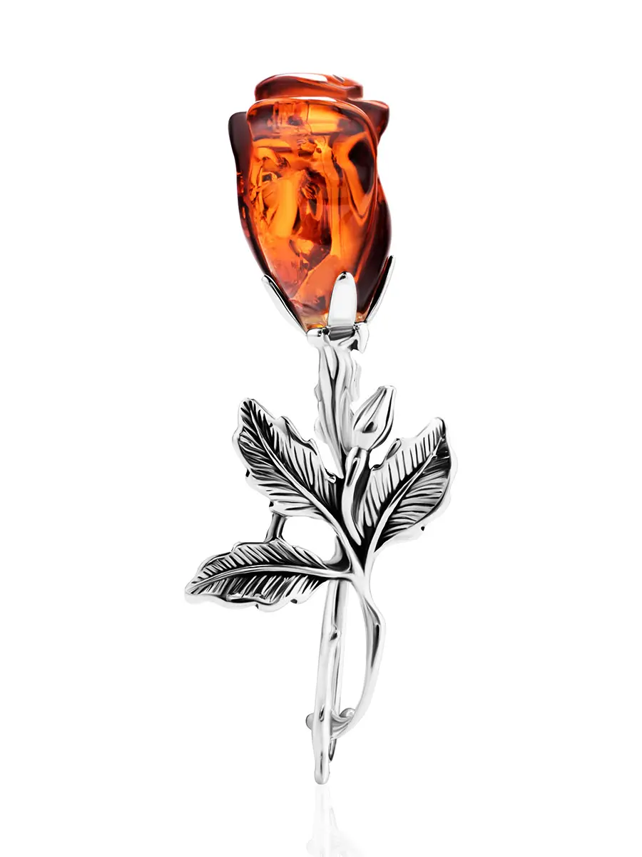 картинка Красивая серебряная брошь с натуральным янтарём вишнёвого цвета «Роза» в онлайн магазине