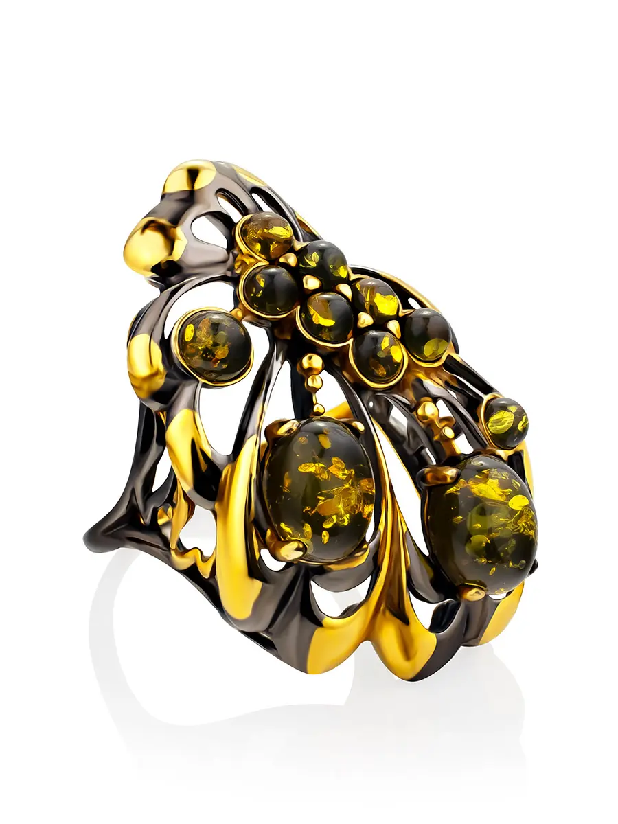 картинка Красивое ажурное кольцо с янтарём зелёного цвета «Крылышко» в онлайн магазине