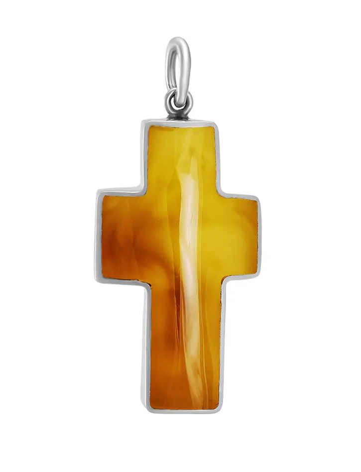 картинка Объёмный крест из натурального янтаря тёмно-медового цвета в серебре в онлайн магазине