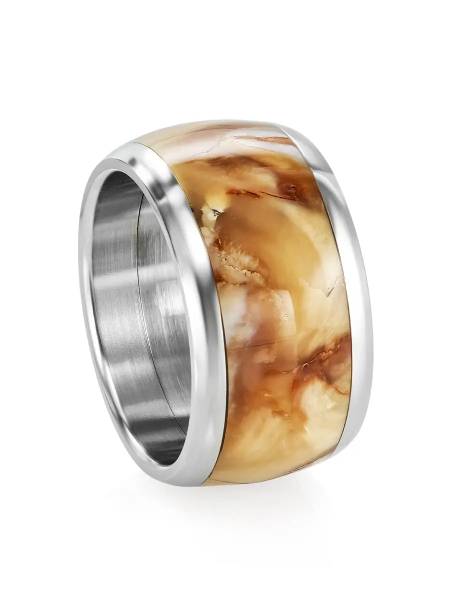 картинка Широкое сплошное кольцо инкрустированное зубом мамонта «Индонезия» в онлайн магазине