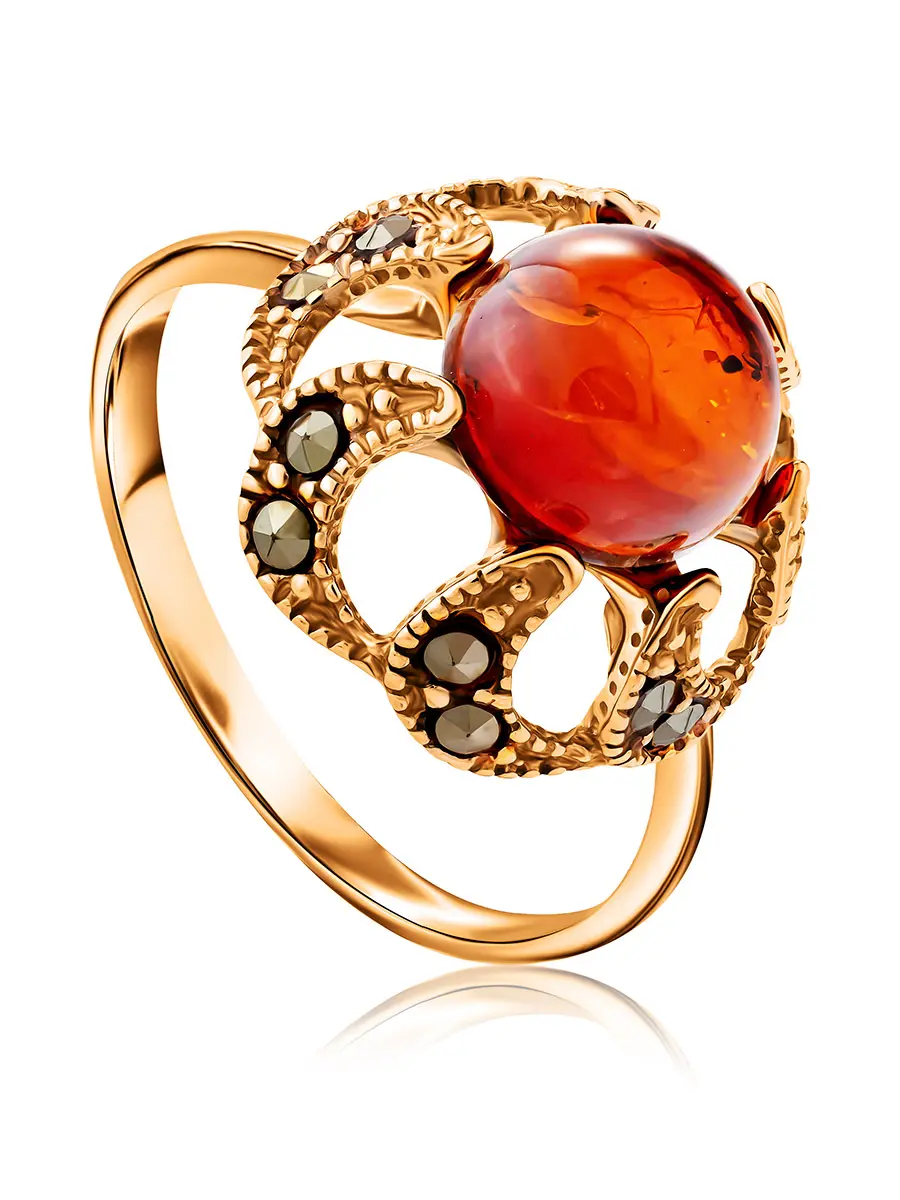 картинка Роскошное кольцо из позолоченного серебра и натурального янтаря с марказитами «Эйфория» в онлайн магазине