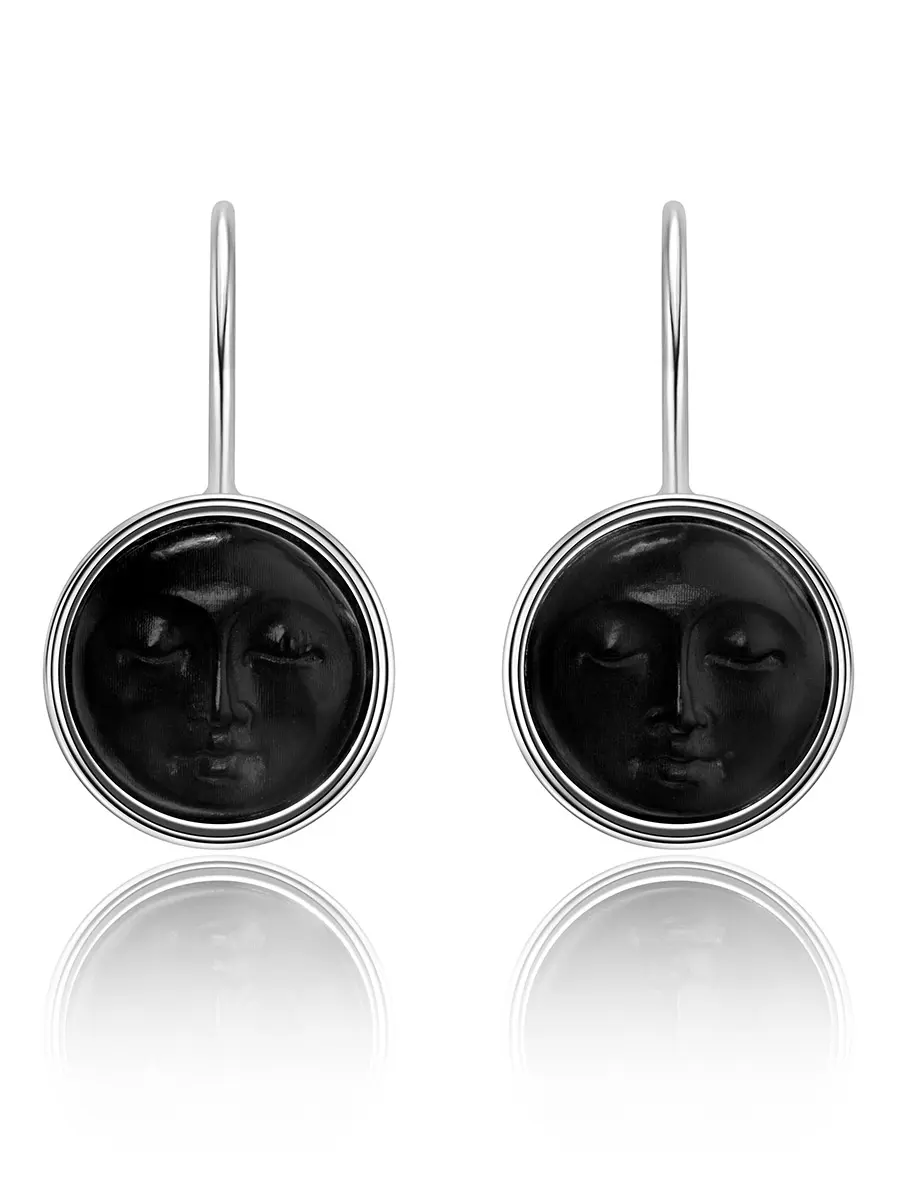 картинка Серебряные серьги-крючки «Луна» с натуральным чёрным янтарём в онлайн магазине
