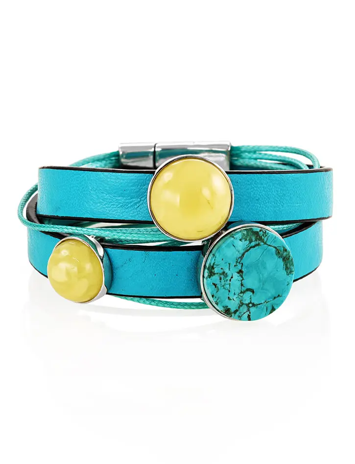 картинка Яркий бирюзовый браслет «Сильверстоун» из натуральной кожи, украшенный янтарём в онлайн магазине