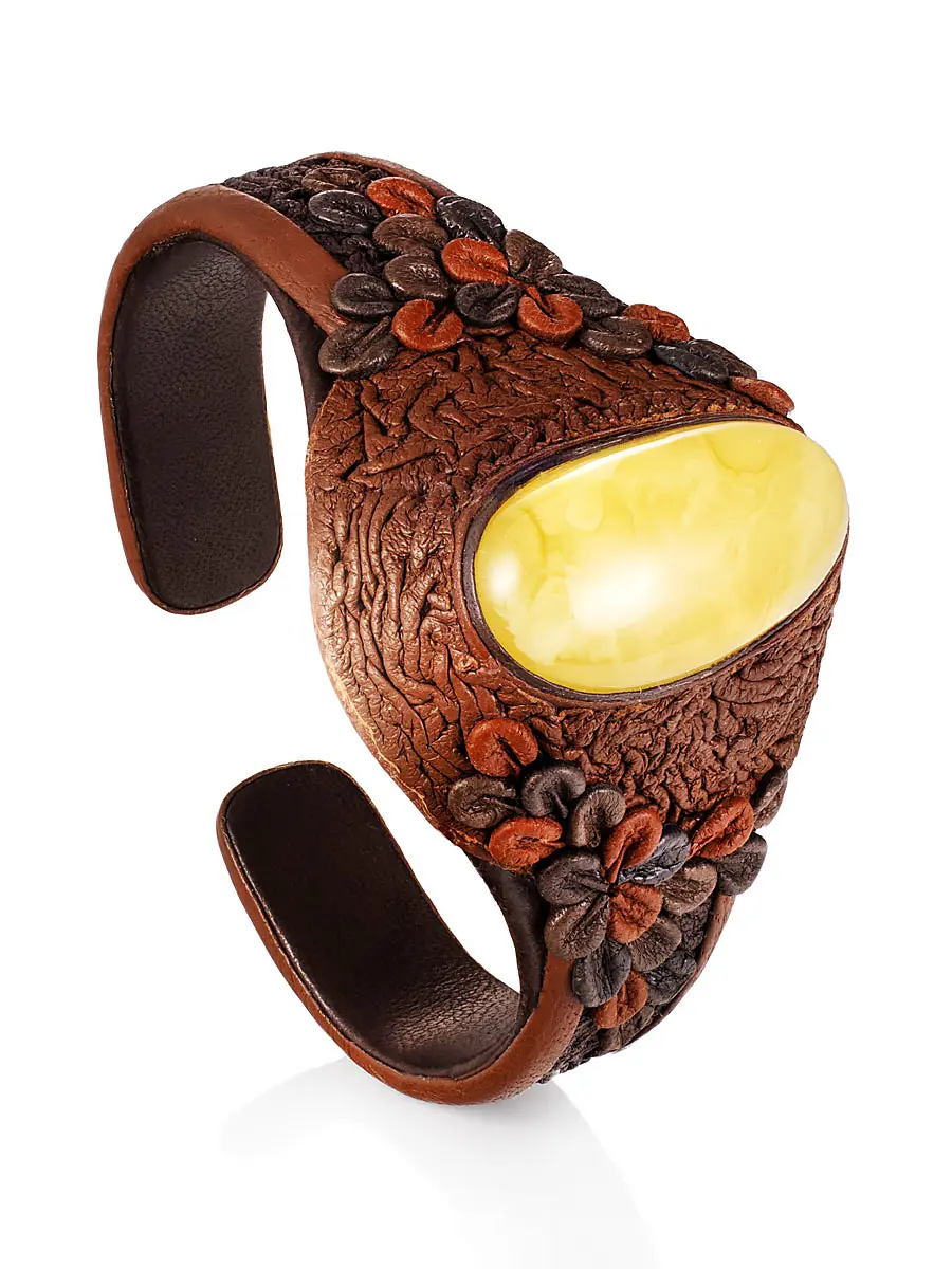 картинка Браслет из кожи с натуральным янтарём «Нефертити» в онлайн магазине