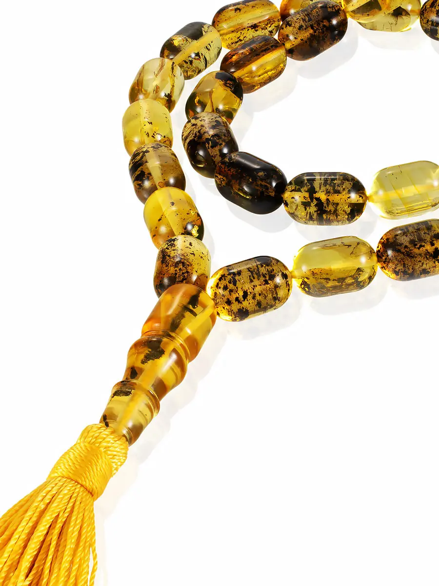 картинка Чётки из натурального цельного лимонного янтаря с природной текстурой на 33 бусины-бочонка в онлайн магазине