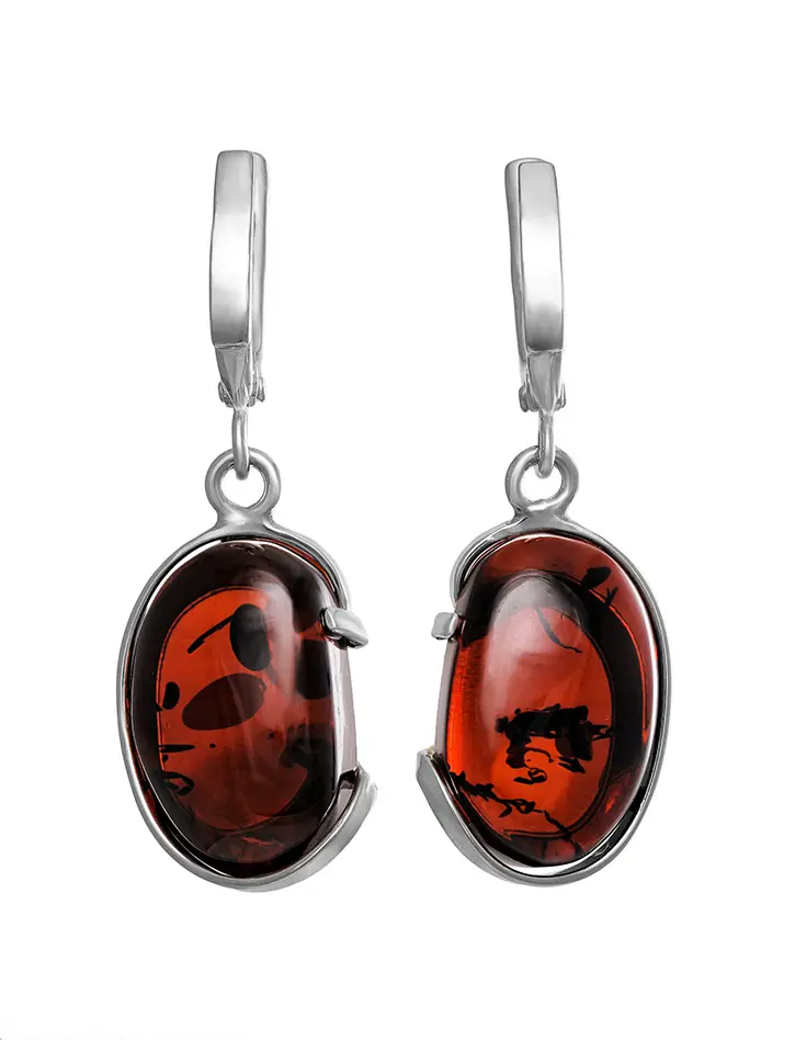 картинка Серебряные серьги среднего размера с натуральным янтарём вишнёвого цвета «Лагуна» в онлайн магазине