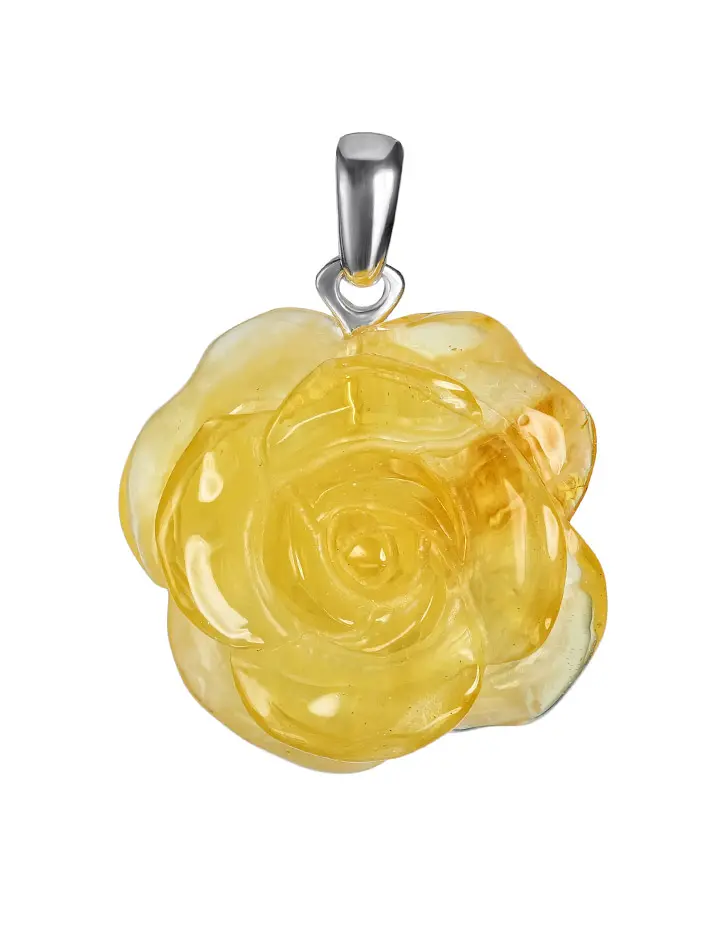 картинка Маленький кулон-резьба из натурального полупрозрачного янтаря с серебром «Солнечная Роза» в онлайн магазине