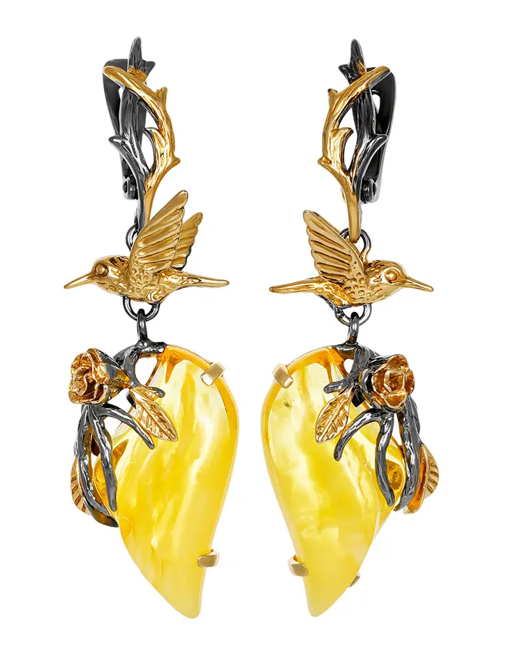 картинка Утончённые серьги из натурального балтийского янтаря в золочённом серебре «Колибри» в онлайн магазине