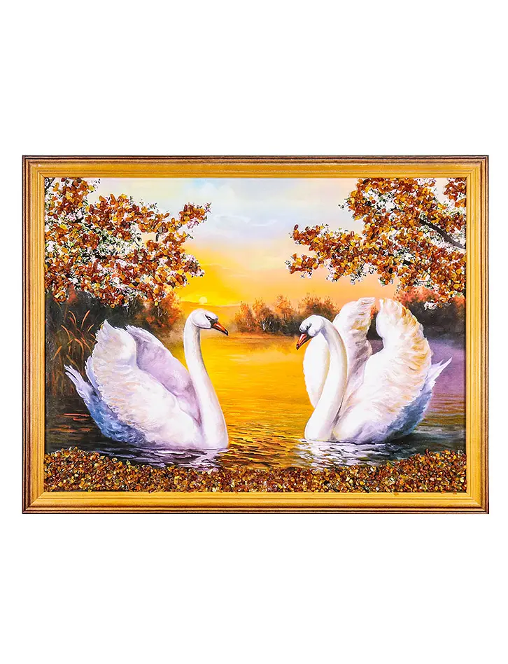 картинка Романтическая картина с натуральным янтарём «Лебединая верность» в онлайн магазине