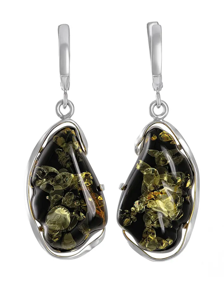 картинка Эффектные серьги из янтаря природной формы зеленого цвета в серебре «Лагуна» в онлайн магазине