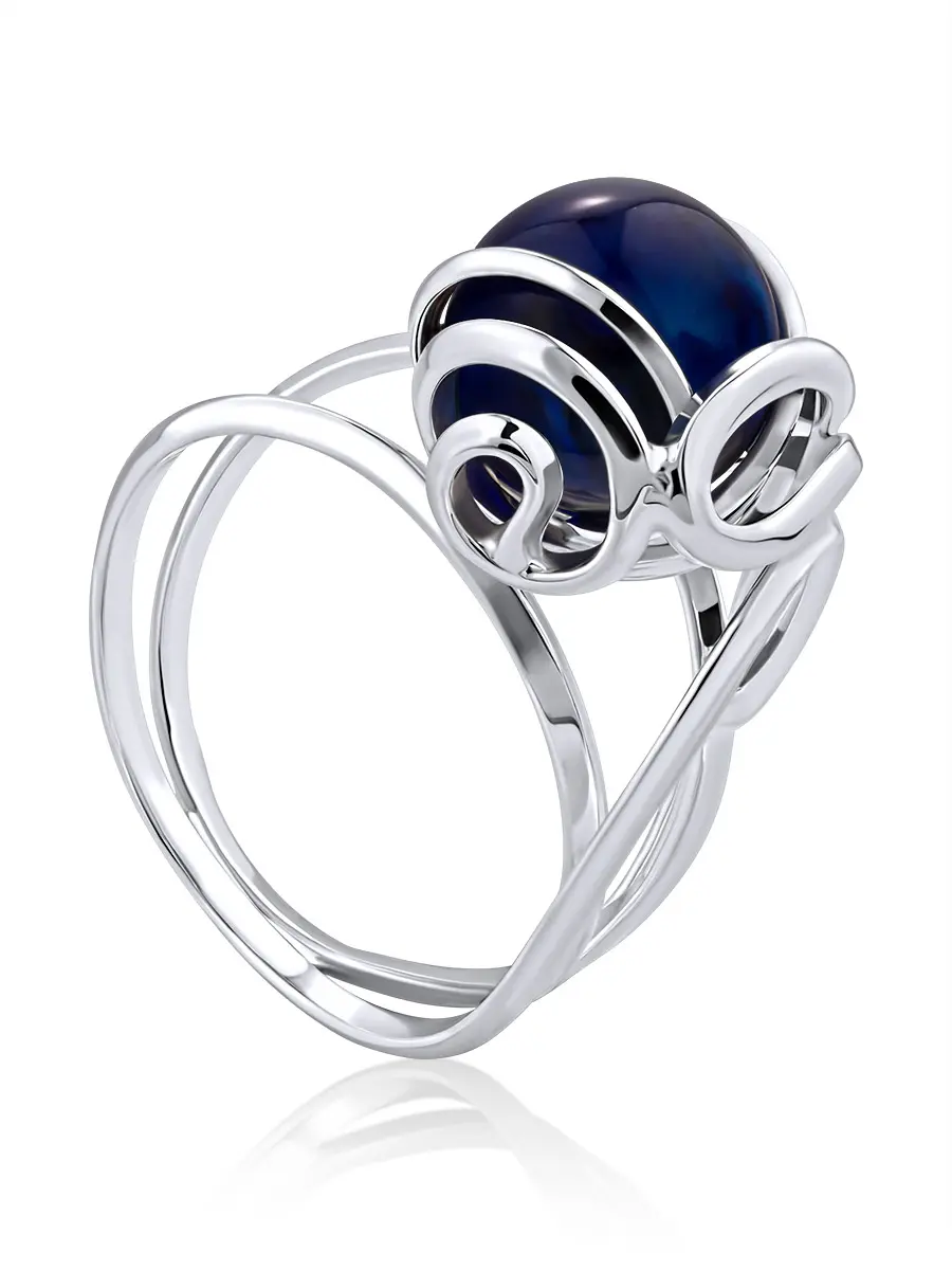 картинка Эффектное кольцо из тонированного янтаря синего цвета «Валенсия» в онлайн магазине