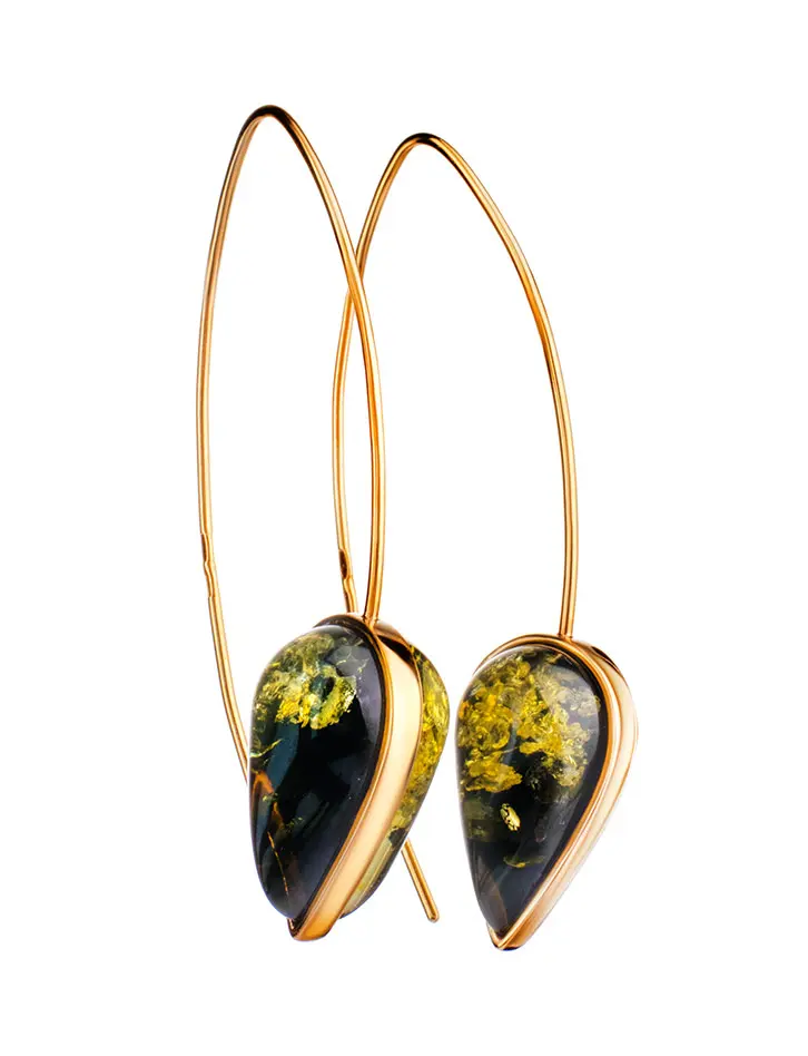 картинка Яркие стильные серьги «Импульс» из позолоченного серебра и зелёного янтаря в онлайн магазине