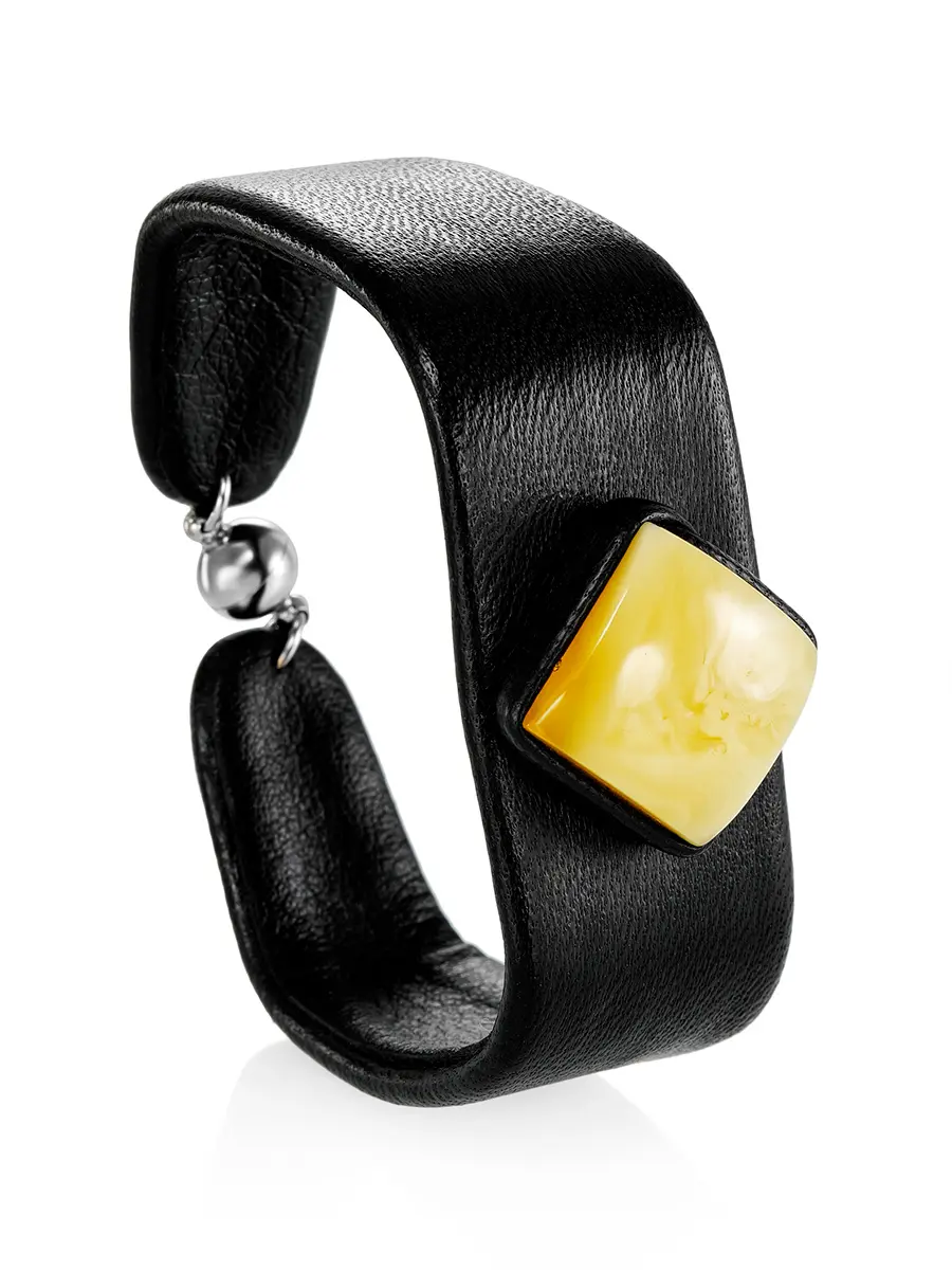 картинка Стильный браслет «Нефертити» из натуральной кожи цвета и медового янтаря в онлайн магазине