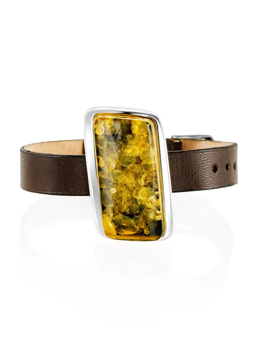 картинка Необычный браслет из кожи с янтарём «Сильверстоун» в онлайн магазине
