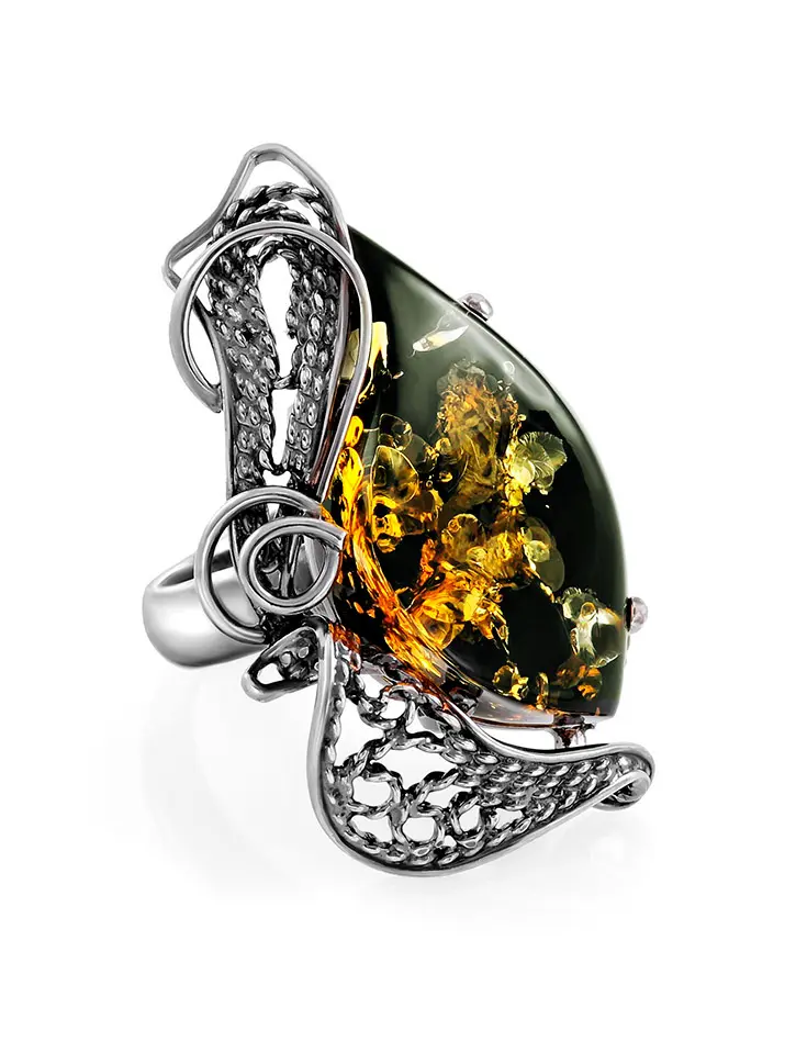 картинка Восхитительное кольцо «Филигрань» из чернёного серебра с натуральным янтарём  в онлайн магазине