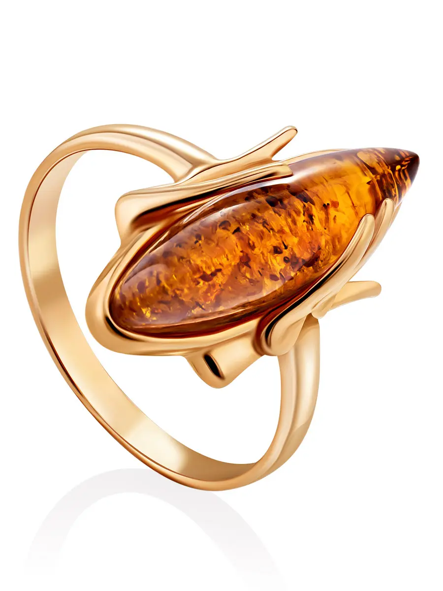 картинка Стильное кольцо «Фудзияма» из позолоченного серебра и янтаря коньячного цвета в онлайн магазине