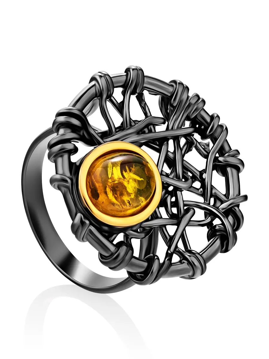 картинка Яркое кольцо из серебра и натурального золотистого янтаря «Гнездо» в онлайн магазине