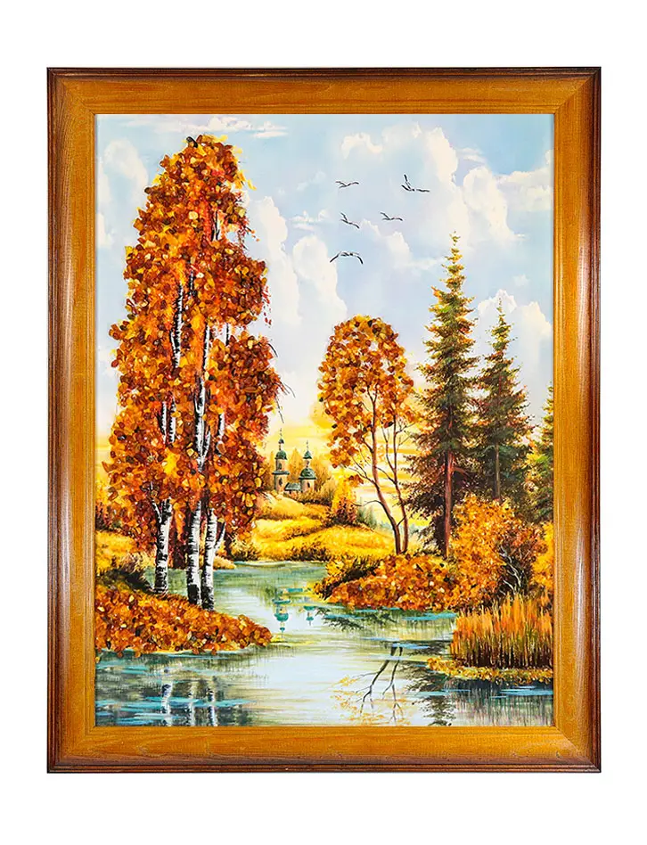 картинка Вертикальное панно с натуральным янтарем «Пейзаж с церквушкой» в онлайн магазине