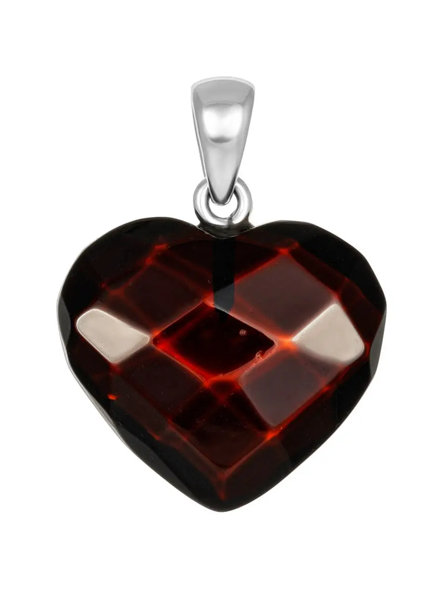 картинка Кулон-сердце из натурального искрящегося янтаря вишнёвого цвета «Алмазная грань» в онлайн магазине