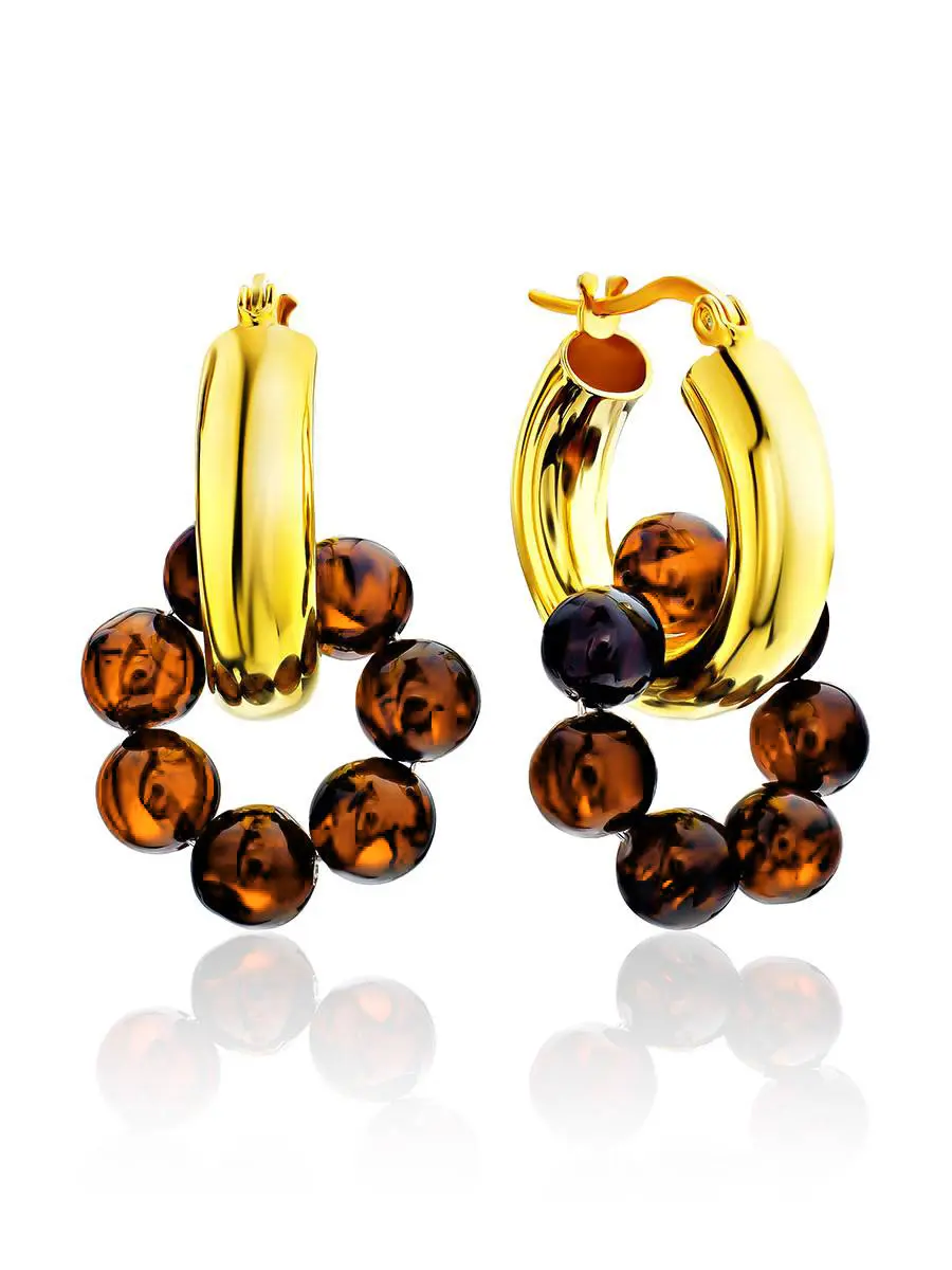 картинка Яркие позолоченные серьги-кольца Palazzo от ifamore™ с подвесками из янтаря в онлайн магазине