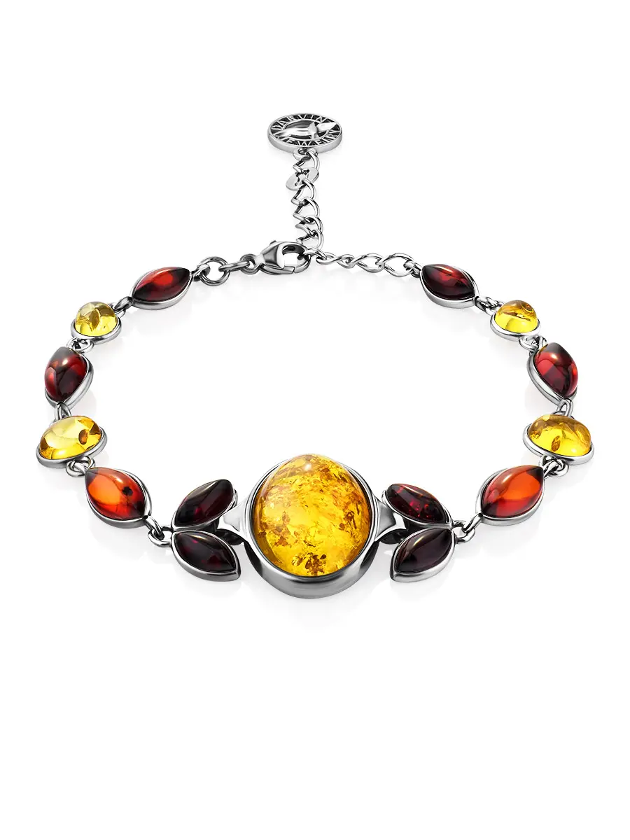 картинка Изысканный браслет из серебра с натуральным балтийским янтарём лимонного и вишнёвого цветов «Жозефина» в онлайн магазине