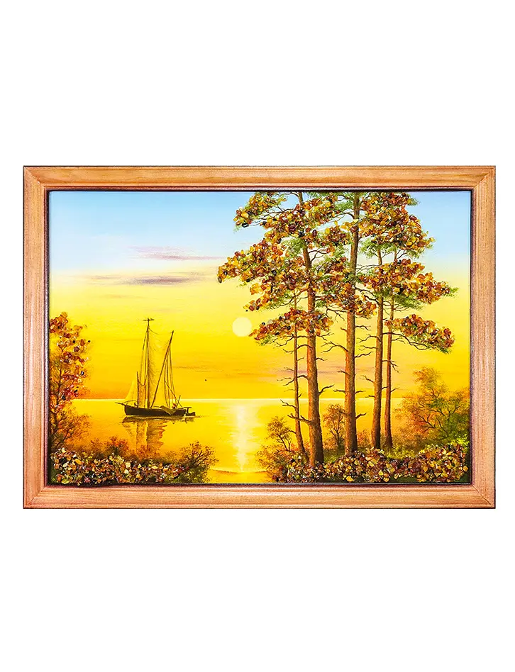 картинка Пастельный пейзаж, украшенный натуральным балтийским янтарём «Умиротворение» 23 см (В) х 33 см (Ш) в онлайн магазине