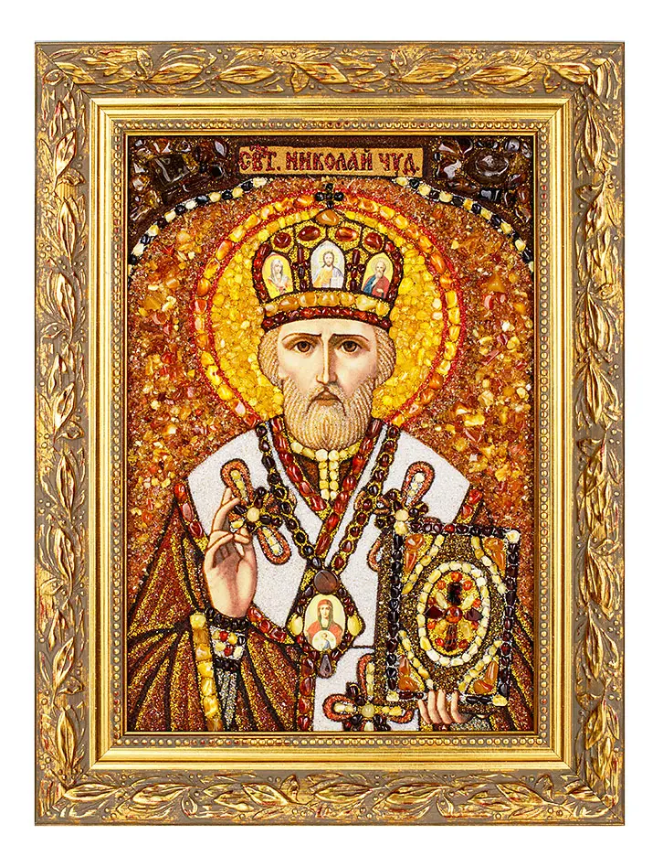 картинка Икона из янтаря с перламутром «Святой Николай Чудотворец» в онлайн магазине