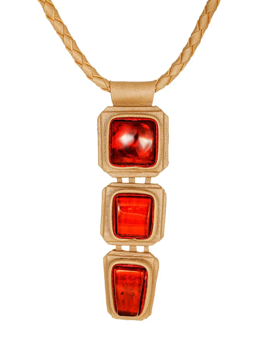 картинка Эффектное ожерелье из кожи и сияющего коньячного янтаря «Амазонка» в онлайн магазине