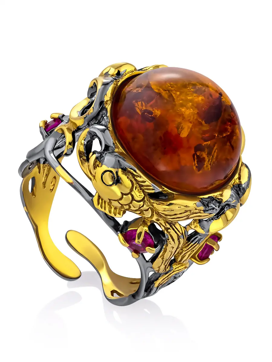 картинка Очаровательный перстень «Помпадур» из позолоченного серебра с натуральным янтарём в онлайн магазине