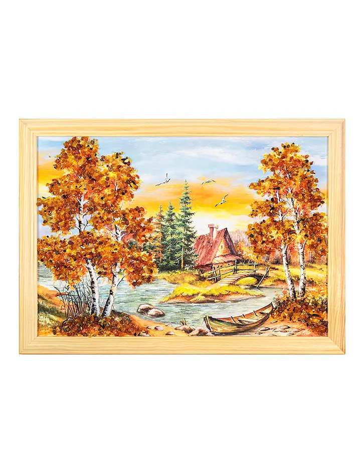 картинка Красивый лесной пейзаж с натуральным янтарём «Домик у реки» 23 (В) х 32 (Ш) в онлайн магазине