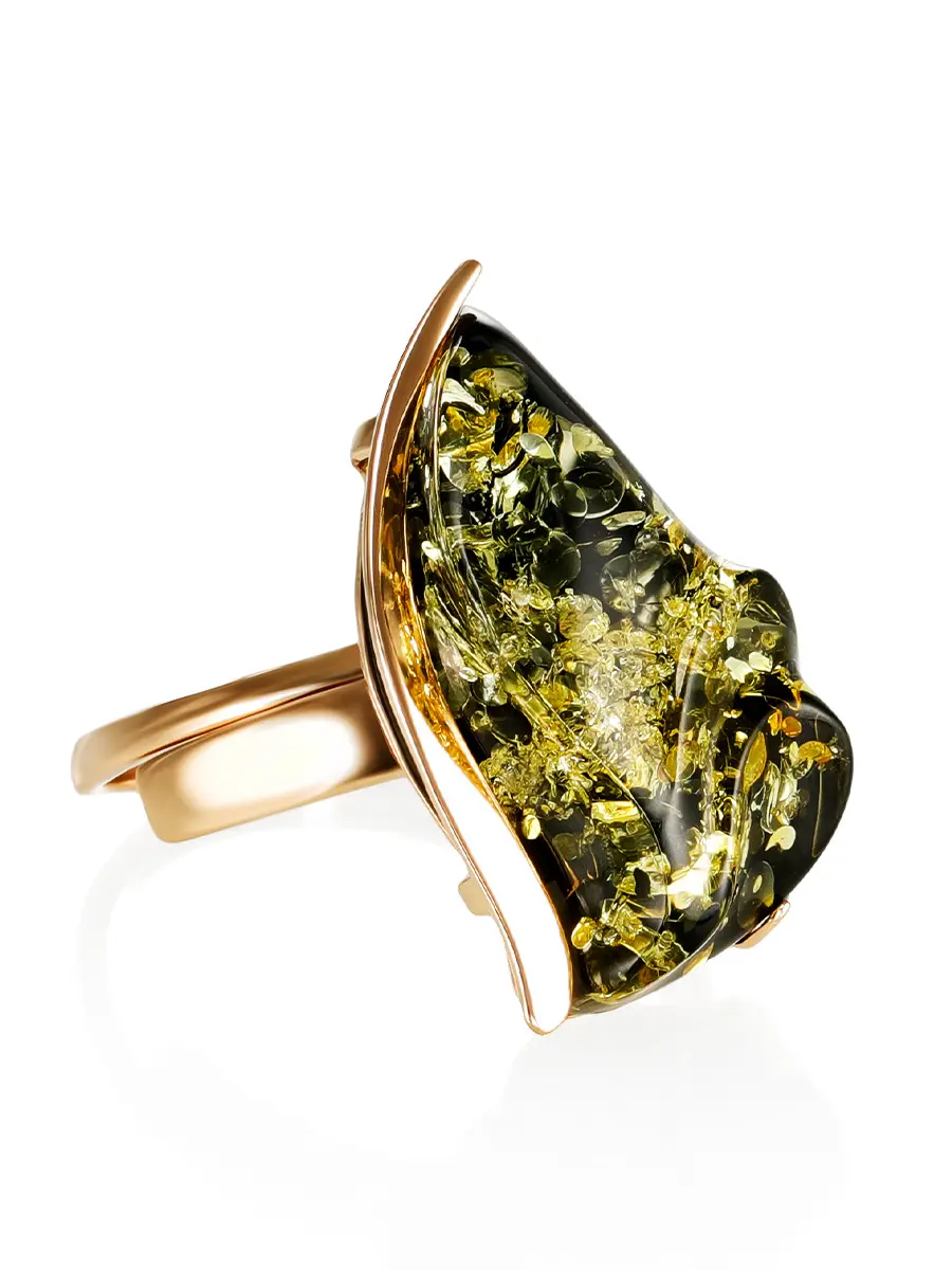 картинка Небольшое стильное кольцо «Палладио» из золота и зелёного янтаря в онлайн магазине