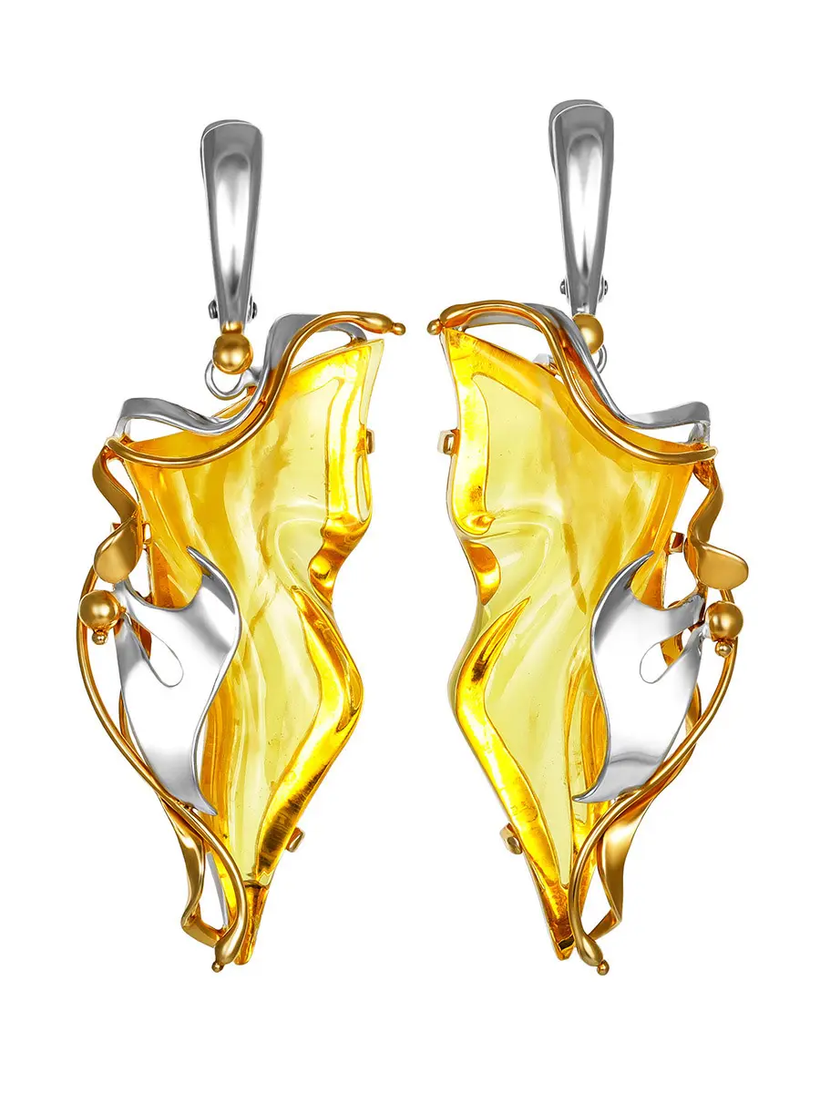картинка Крупные серьги «Версаль» с цельным лимонным янтарём в позолоченном серебре в онлайн магазине