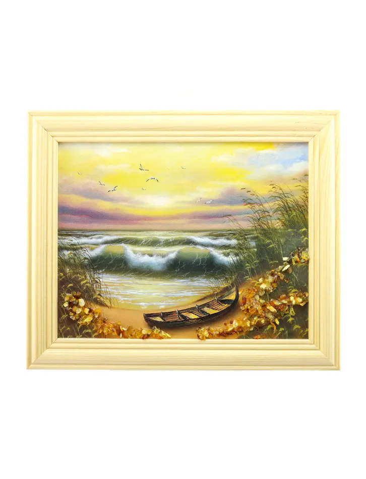 картинка Маленькое горизонтальное панно, украшенное натуральным янтарем «Лодка на рассвете» в онлайн магазине