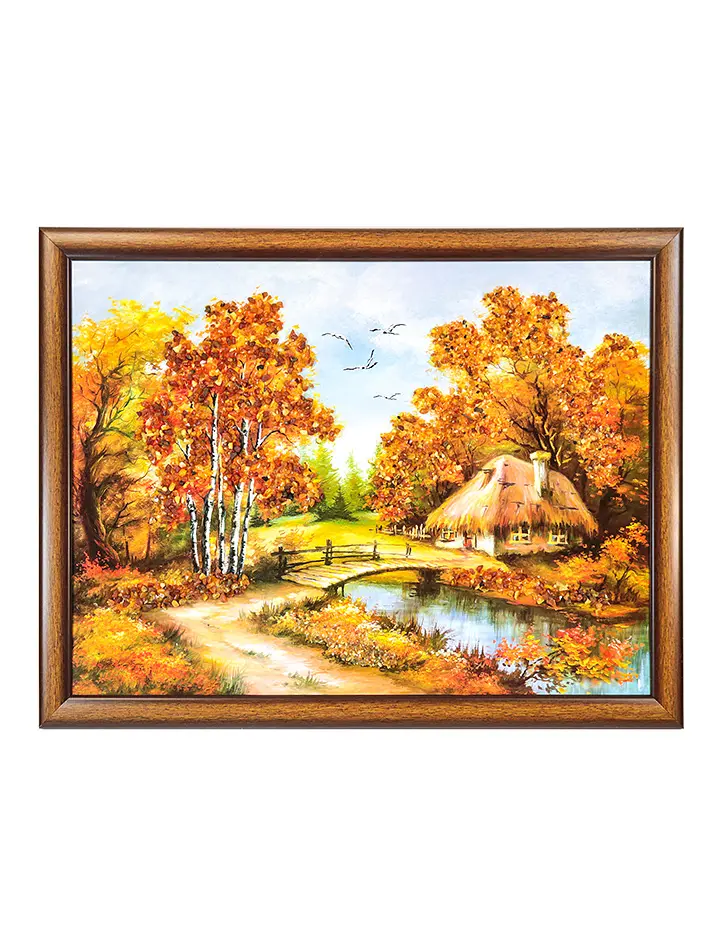 картинка Горизонтальный пейзаж с россыпью натурального балтийского янтаря «Домик у реки» 34 (В) х 44 (Ш) в онлайн магазине