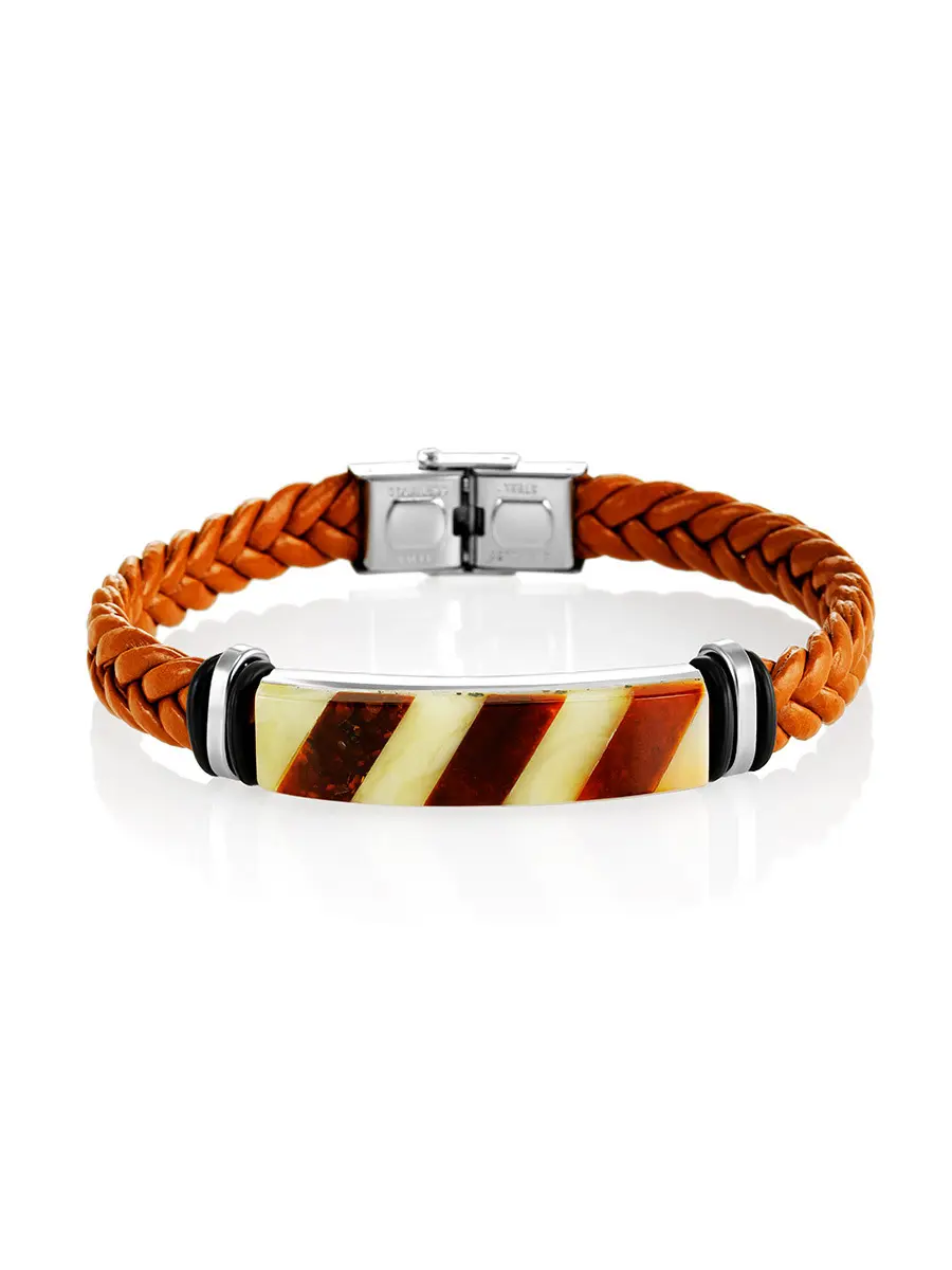 картинка Яркий плетёный браслет из светло-коричневой кожи, украшенный янтарной мозаикой «Сильверстоун» в онлайн магазине