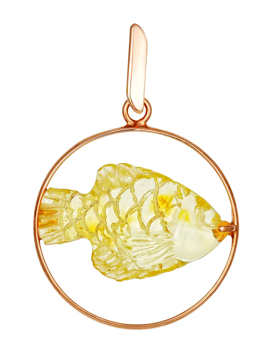 картинка Красивый кулон «Рыбка» из серебра в позолоте с резным янтарём в онлайн магазине