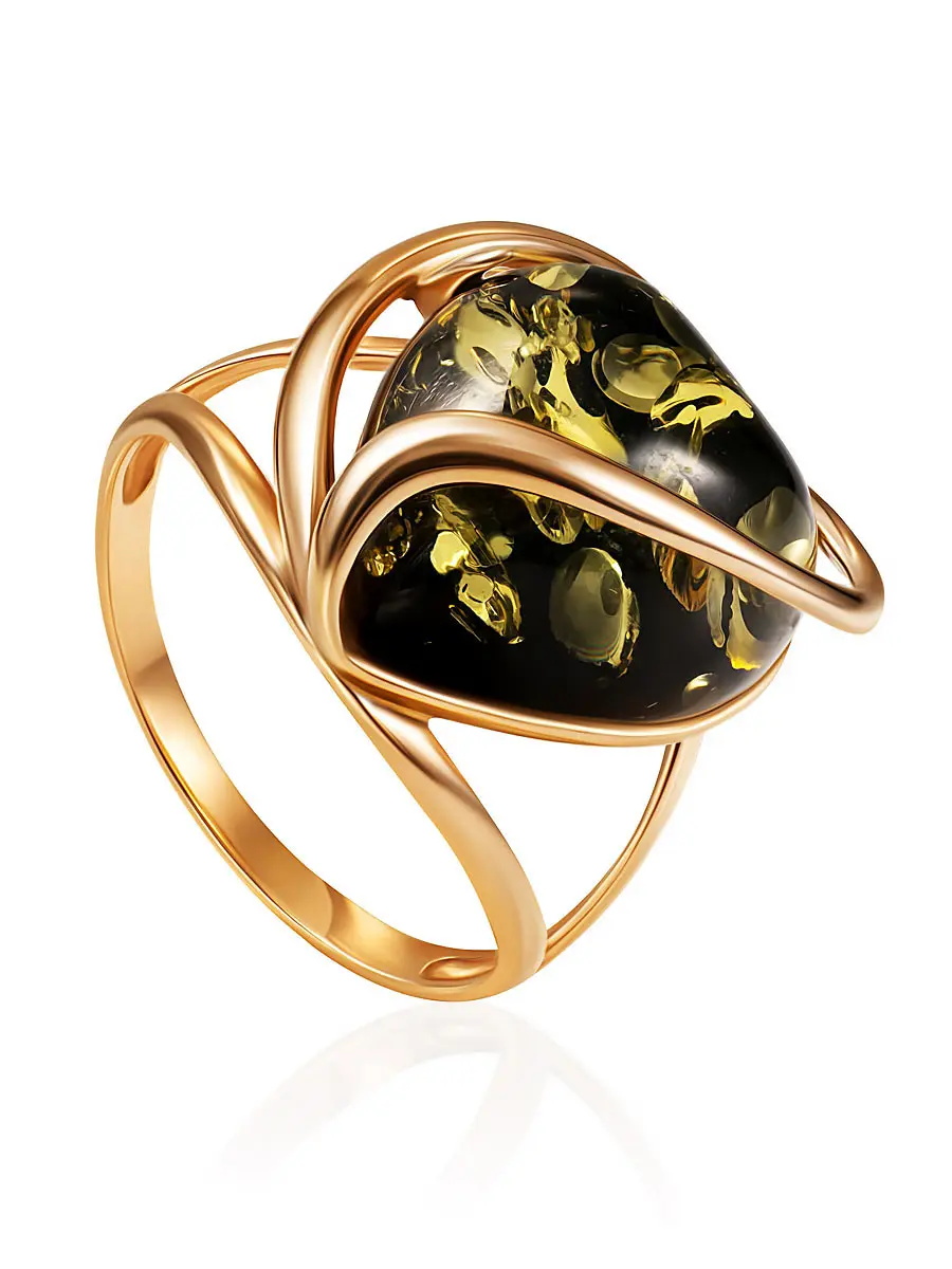 картинка Оригинальное кольцо с натуральным зелёным янтарём в серебре «Сердце» в онлайн магазине