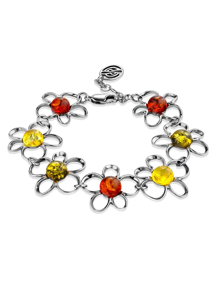 картинка Яркий ажурный браслет с натуральным янтарём разных цветов «Ромашка» в онлайн магазине