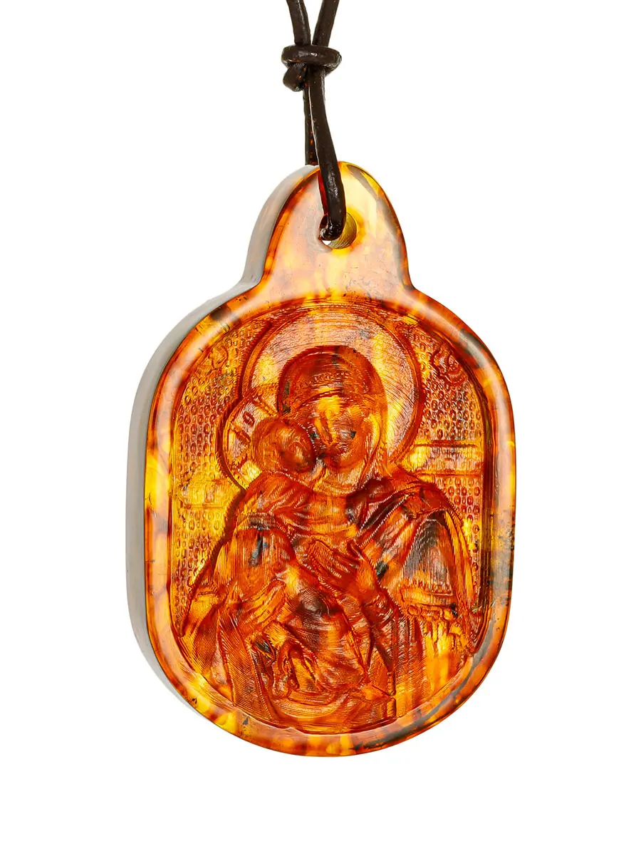 картинка Резная подвеска-икона из натурального формованного янтаря «Владимирская богоматерь» в онлайн магазине