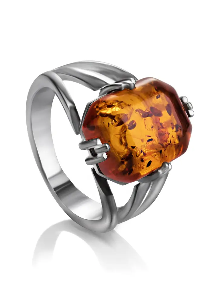 картинка Серебряное кольцо с натуральным искрящимся коньячным янтарем «Марокко» в онлайн магазине