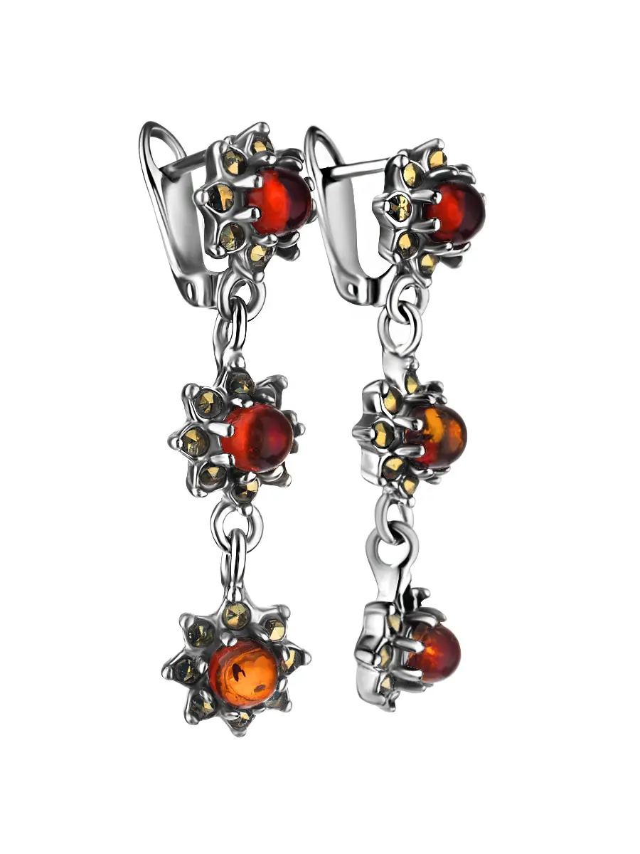 картинка Нежные удлинённые серьги с коньячным янтарём и марказитами «Эйфория» в онлайн магазине